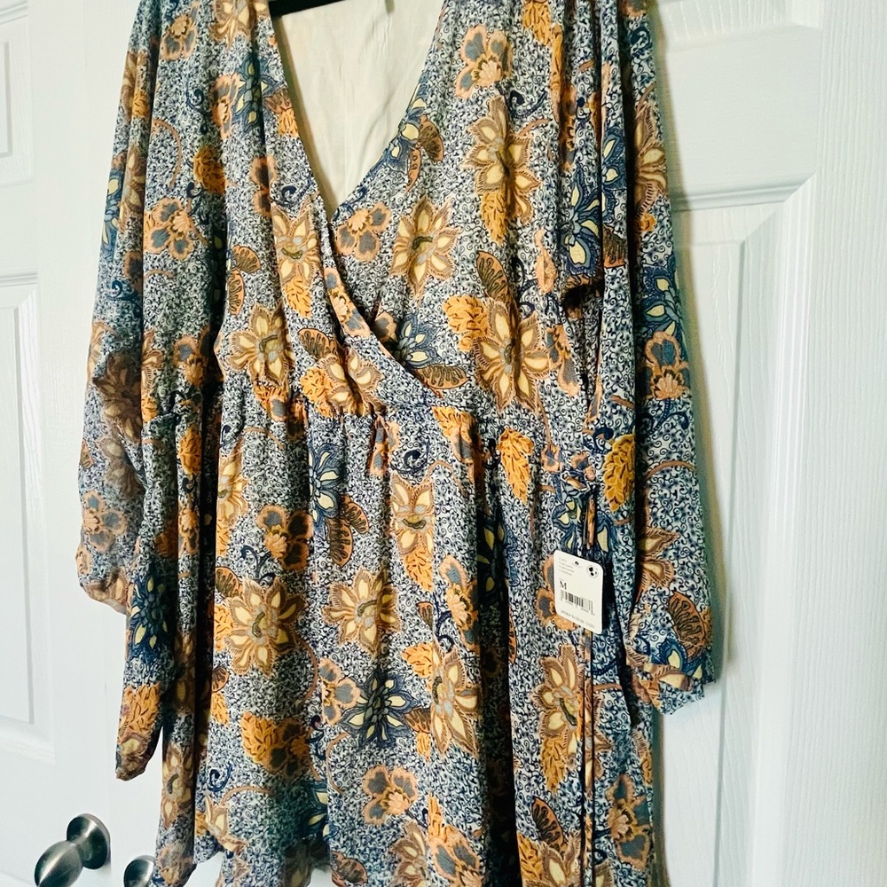 Free People Anthro Floral Wrap Mini Dress in Blue and Mustard Medium
